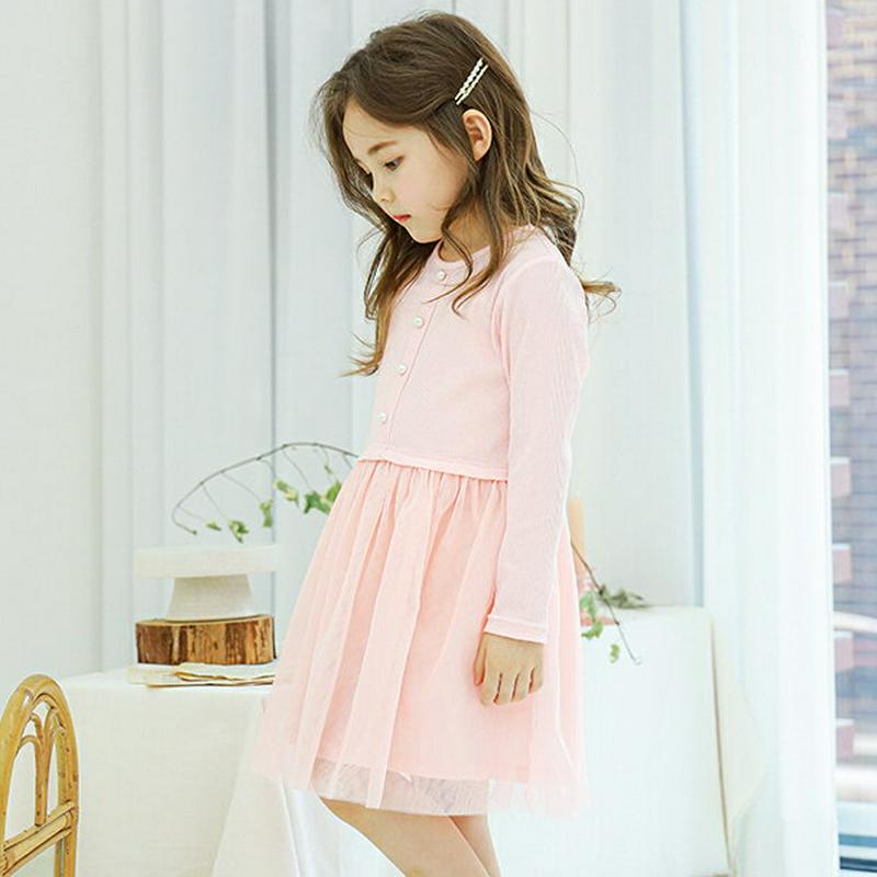 パール風ボタンチュールワンピース(ピンク) p001231 キッズ 【3~8才】【ops】【韓国 ファッション ワンピース ミディワンピース 膝丈 長袖 女の子 お出かけ チュール フレア 無地 ラウンドネックキッズ 子供 子供用 春 夏】【KIDS】