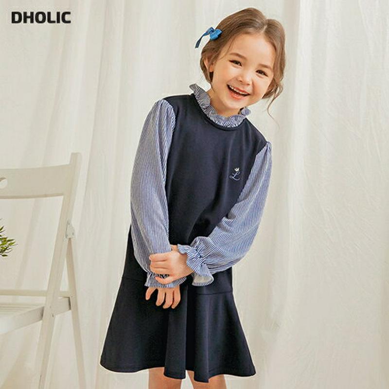 フリルストライプ切替ワンピース(ネイビー) p001242 キッズ 【3~8才】【ops】【韓国 ファッション ワンピース ミデ