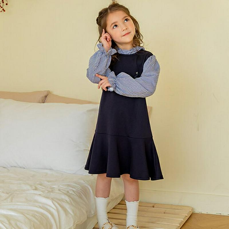 フリルストライプ切替ワンピース(ネイビー) p001242 キッズ 【3~8才】【ops】【韓国 ファッション ワンピース ミデ