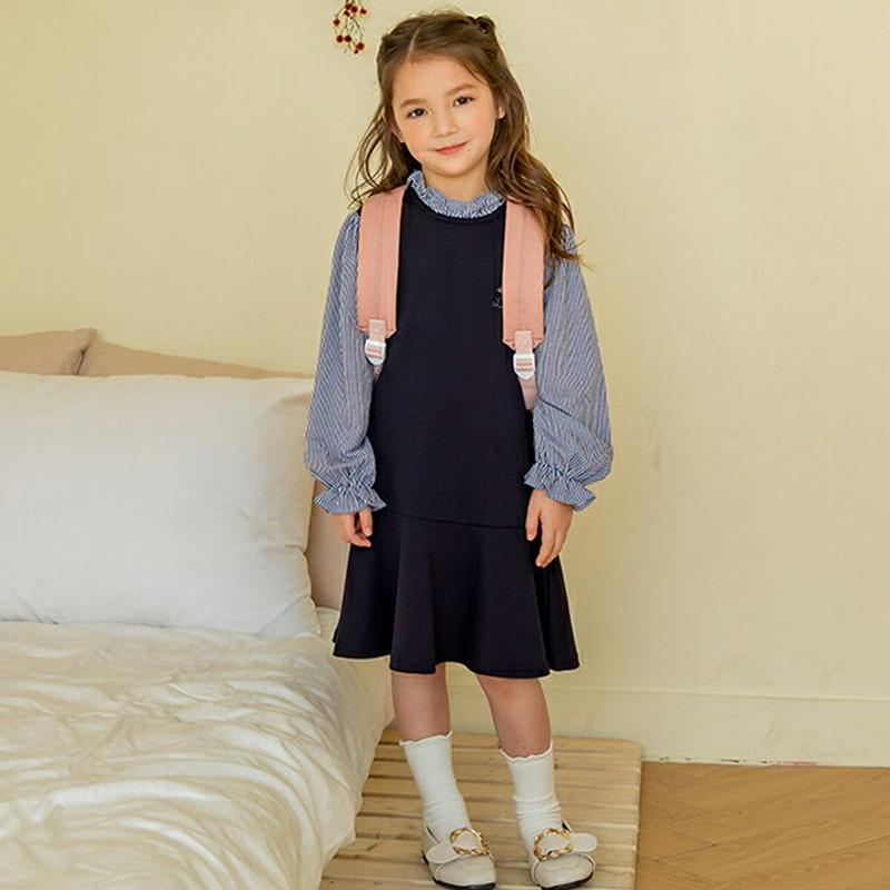 フリルストライプ切替ワンピース(ネイビー) p001242 キッズ 【3~8才】【ops】【韓国 ファッション ワンピース ミデ