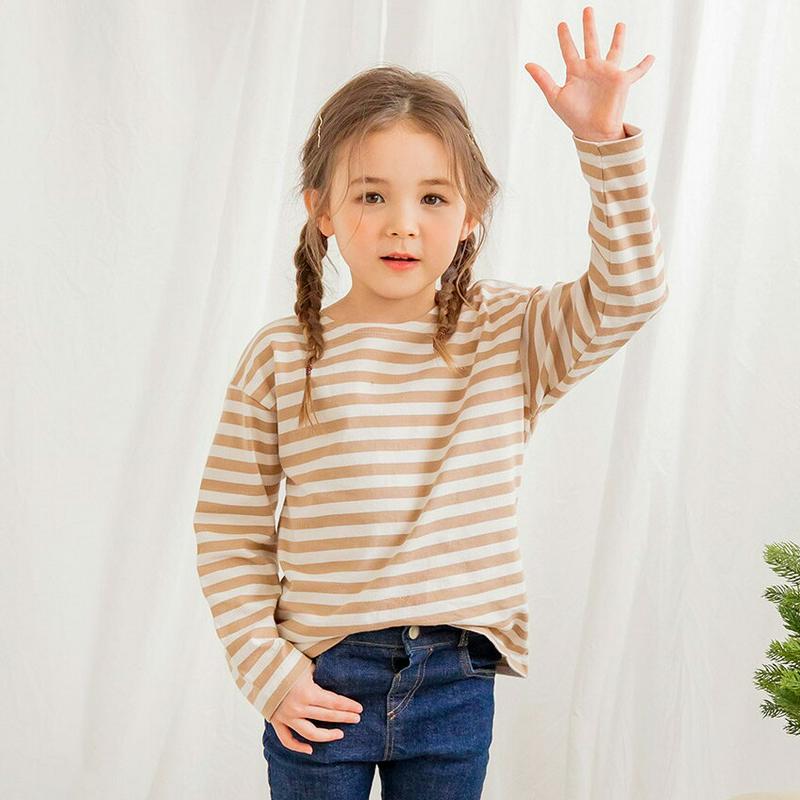 長袖ボーダーTシャツ(ベージュ)・p000971 キッズ【3~8才】【tops】【トップス Tシャツ 長袖 ボーダー ベージュ 