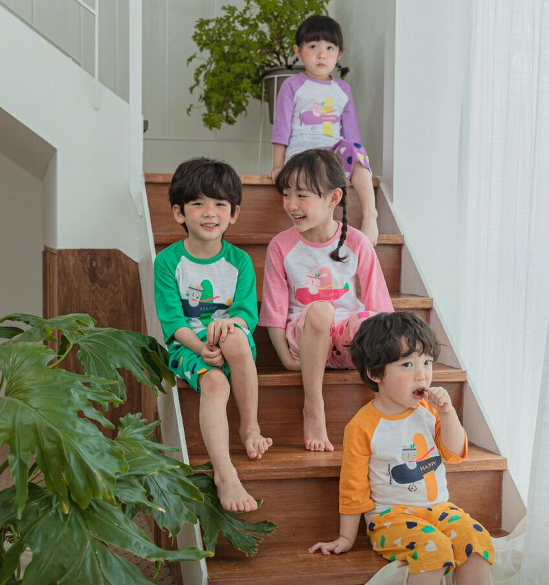 paper town bearパジャマSET(グリーン) p001059 キッズ 【3~8才】【uw】【パジャマセット パジャマ 根間着 部屋着 ラウンドネック 半袖 ハーフスリーブ 七分袖 七分丈 半ズボン ショートパンツ 柄 キッズ 子供 子供用 春 夏】【KIDS】