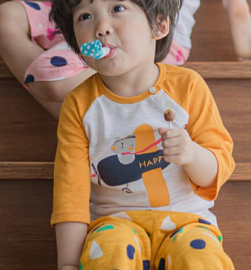 aper town bearパジャマSET(マスタード) p001061 キッズ 【3~8才】【uw】【パジャマセット パジャマ 根間着 部屋着 ラウンドネック 半袖 ハーフスリーブ 七分袖 七分丈 半ズボン ショートパンツ 柄 キッズ 子供 子供用 春 夏】【KIDS】