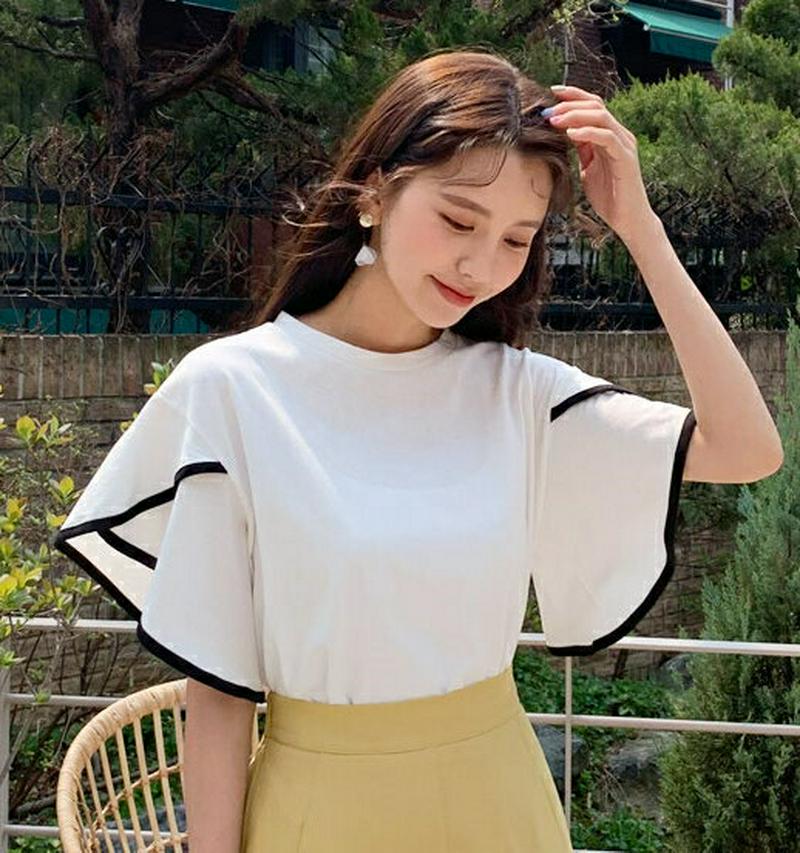 配色フレアスリーブTシャツ・全3色・b58800 レディース【tops】【トップス Tシャツ 半袖 ラウンドネック フレアスリー