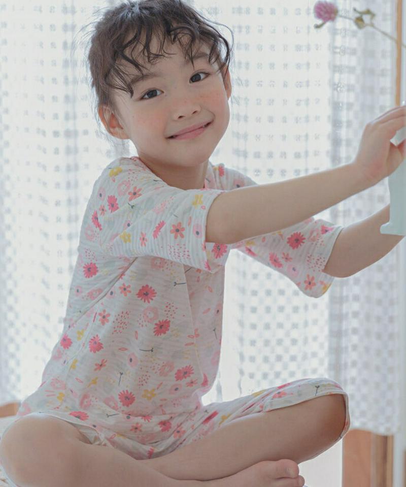 blossomパジャマSET p001073 キッズ 【3~8才】【uw】【パジャマセット パジャマ 根間着 部屋着 ラウンドネック 半袖 ハーフスリーブ 七分袖 七分丈 半ズボン ショートパンツ 短パン 花柄 柄 パターンキッズ 子供 子供用 春 夏】【KIDS】