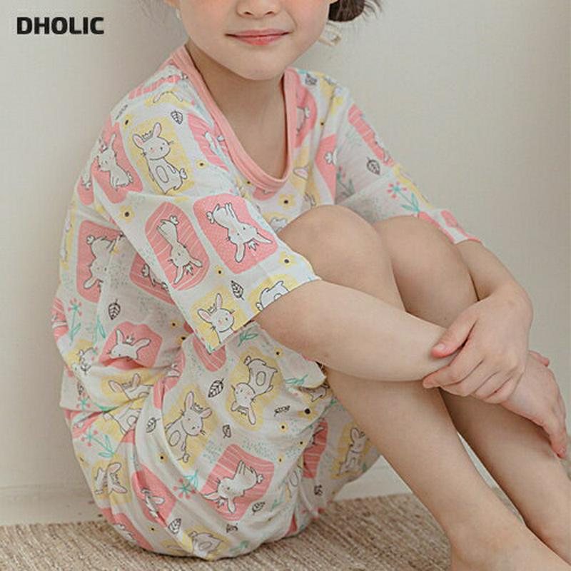 bunnyパジャマSE p001078 キッズ 【3~8才】【uw】【韓国 ファッション パジャマセット パジャマ 根間着 部屋着 ラウンドネック 半袖 ハーフスリーブ 5分袖 柄 うさぎ ラビット 半ズボン ショートパンツ 短パン キッズ 子供 子供用 春 夏】【KIDS】