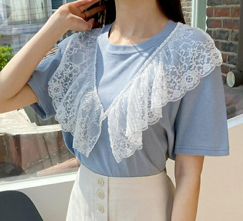 V字レースTシャツ・全3色・b55831 レディース【tops】【トップス Tシャツ 半袖 ラウンドネック レース カジュアル 