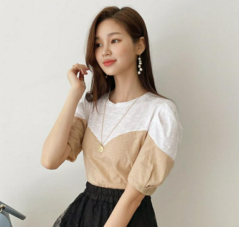 コントラストカラーパフTシャツ・全2色・t55830 レディース【tops】【トップス Tシャツ 半袖 ラウンドネック バイカラ