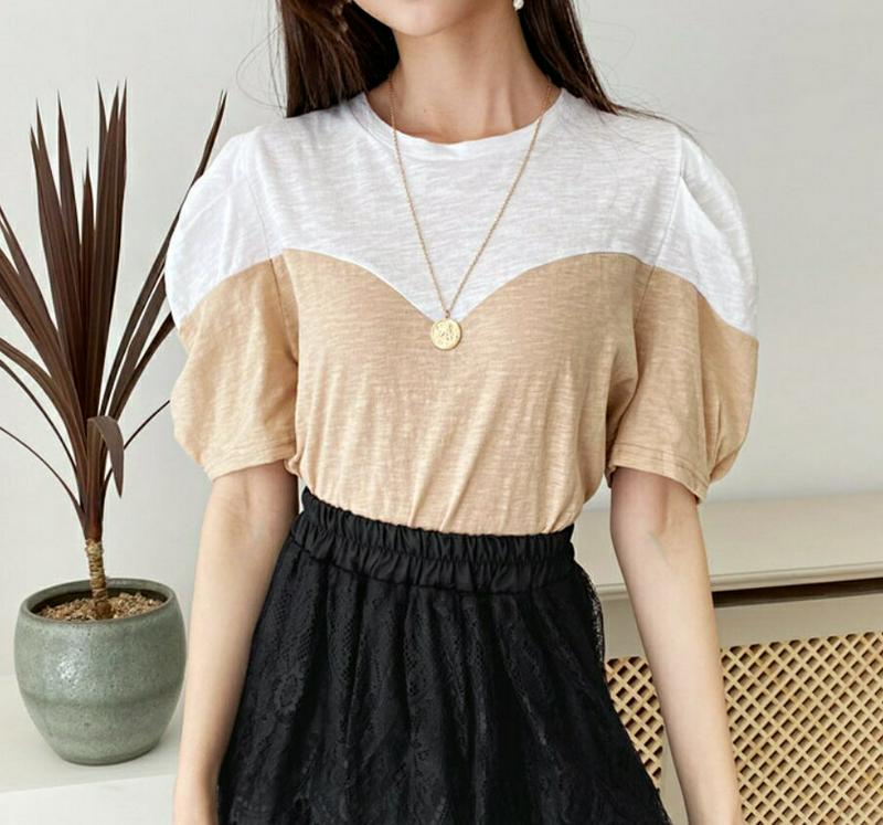 コントラストカラーパフTシャツ・全2色・t55830 レディース【tops】【トップス Tシャツ 半袖 ラウンドネック バイカラ
