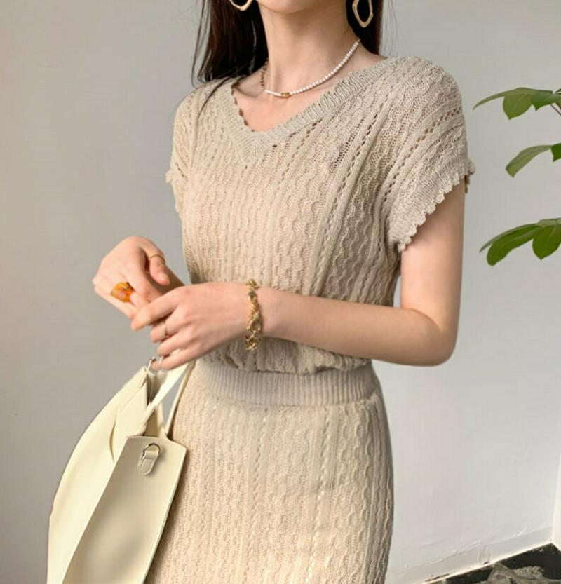 シアーVネックニット&スカートSET・全2色・t55836 レディース【ops】【トップス ニット Vネック デコルテ スカート