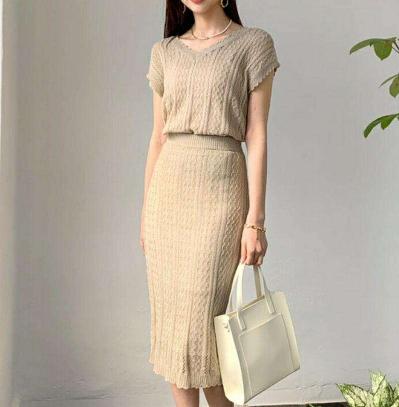 シアーVネックニット&スカートSET・全2色・t55836 レディース【ops】【トップス ニット Vネック デコルテ スカート