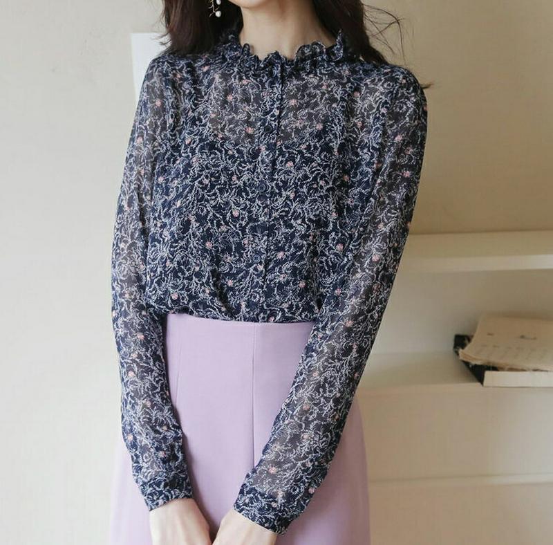 フリルネックシアー花柄ブラウス・全3色・b58291 レディース 【bl】【ブラウス トップス 長袖 花柄 フリル シースルー 