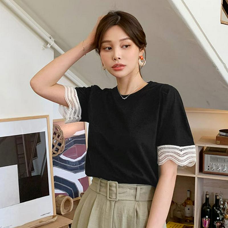 レースヘムスリーブTシャツ・全3色・b61767 レディース【tops】【トップス Tシャツ 半袖 ハーフスリーブ レース 袖コ