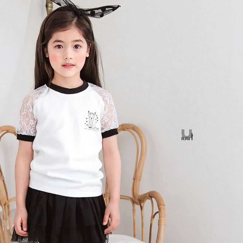 袖レースプリントTシャツ・p001086 キッズ【3~8才】【tops】【トップス 半袖 レース 透け感 シースルー Tシャツ 