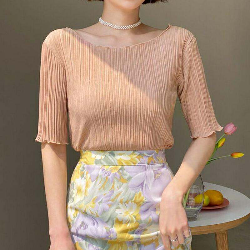 ≪人気商品再入荷≫プリーツウェーブTシャツ・全3色・t58799 レディース【tops】 韓国ファッション トップス Tシャツ 半袖 ラウンドネック プリーツ ウェーブ 無地 カジュアル フェミニン 春 夏