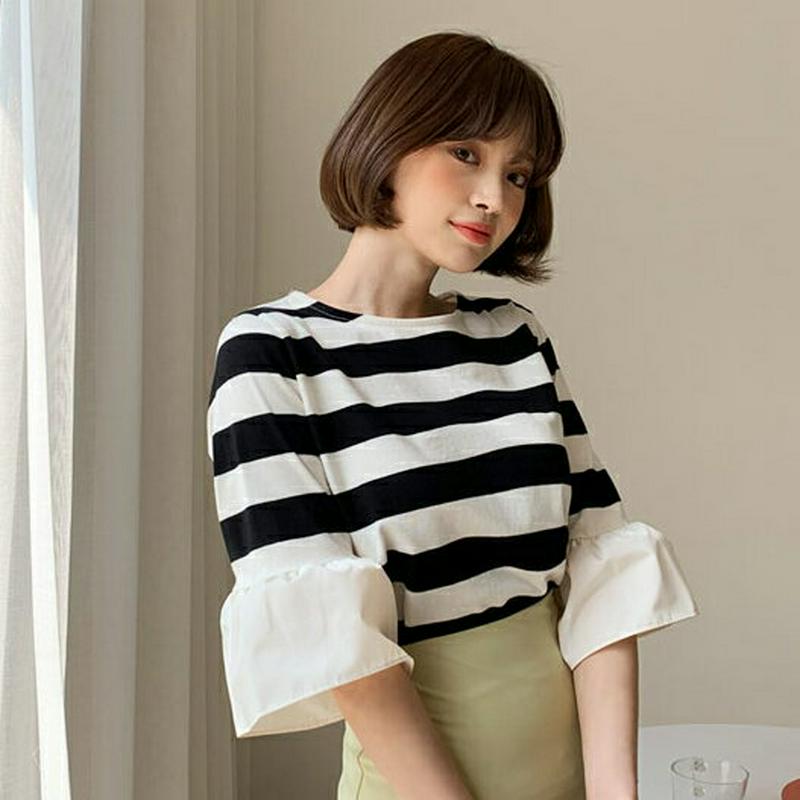 フレアスリーブボーダーTシャツ・全2色・b58802 レディース【tops】【トップス Tシャツ 7分丈 フレアスリーブ ラウン