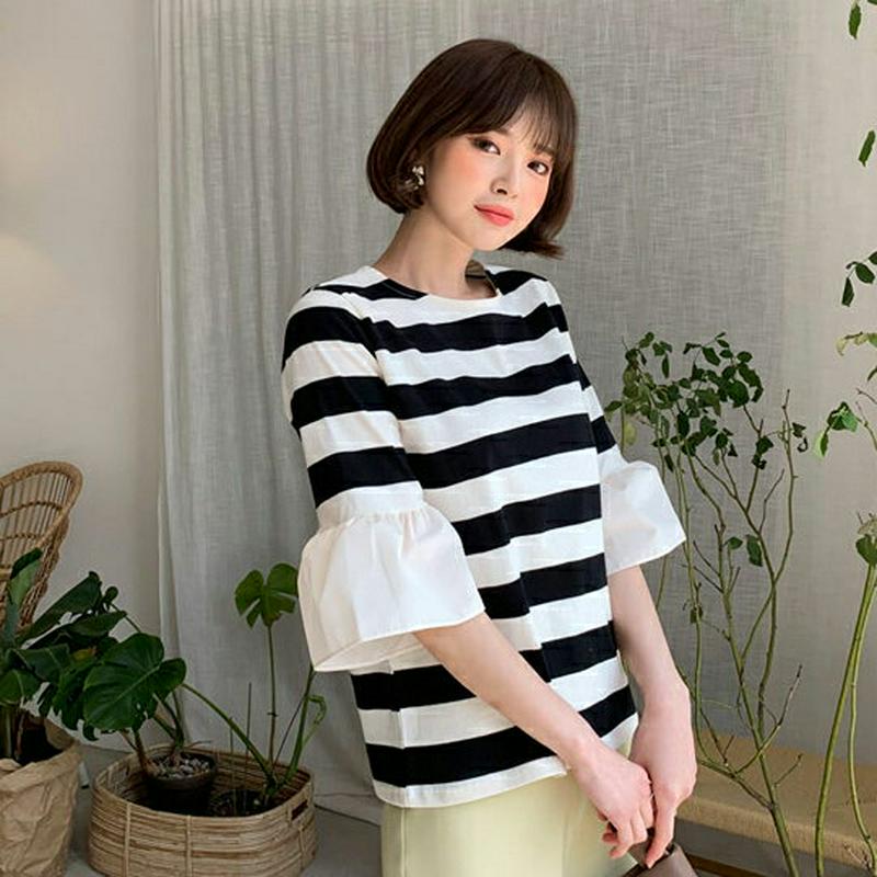フレアスリーブボーダーTシャツ・全2色・b58802 レディース【tops】【トップス Tシャツ 7分丈 フレアスリーブ ラウン