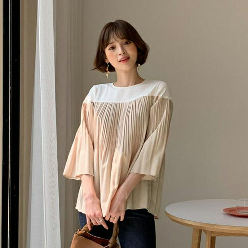 プリーツ配色ブラウス・全2色・b58820 レディース【bl】【トップス ブラウス 7分丈 フレアスリーブ ラウンドネック プリ
