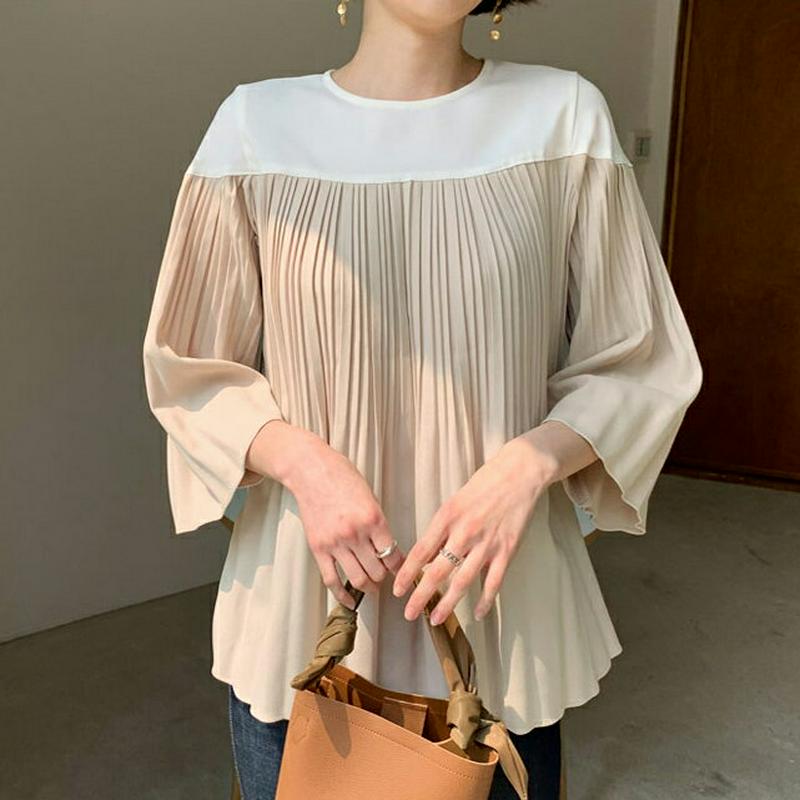 プリーツ配色ブラウス・全2色・b58820 レディース【bl】【トップス ブラウス 7分丈 フレアスリーブ ラウンドネック プリ