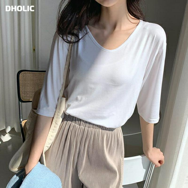 UネックルーズTシャツ・全7色・b55598 レディース 【tops】【トップス 半袖 Uネック 無地 5分丈 ゆったり 大きい
