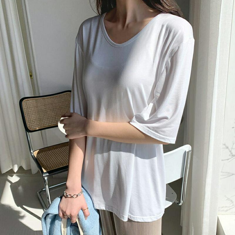 UネックルーズTシャツ・全7色・b55598 レディース 【tops】【トップス 半袖 Uネック 無地 5分丈 ゆったり 大きい