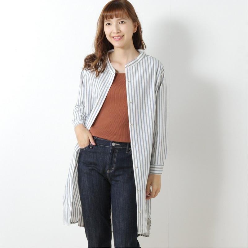 綿混素材のスタンドカラーシャツワンピース【多色展開】
