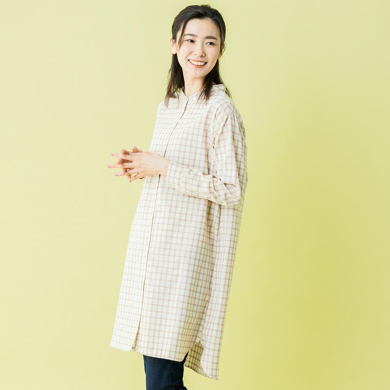 綿混素材のスタンドカラー半袖シャツワンピース【多色展開】