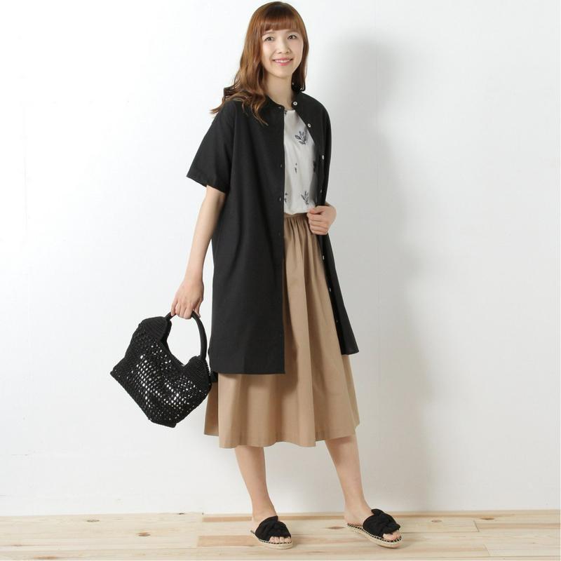 綿混素材のスタンドカラー半袖シャツワンピース【多色展開】