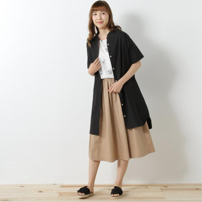 綿混素材のスタンドカラー半袖シャツワンピース【多色展開】