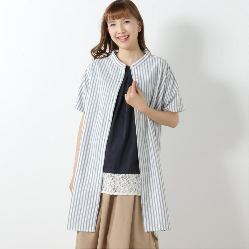 綿混素材のスタンドカラー半袖シャツワンピース【多色展開】
