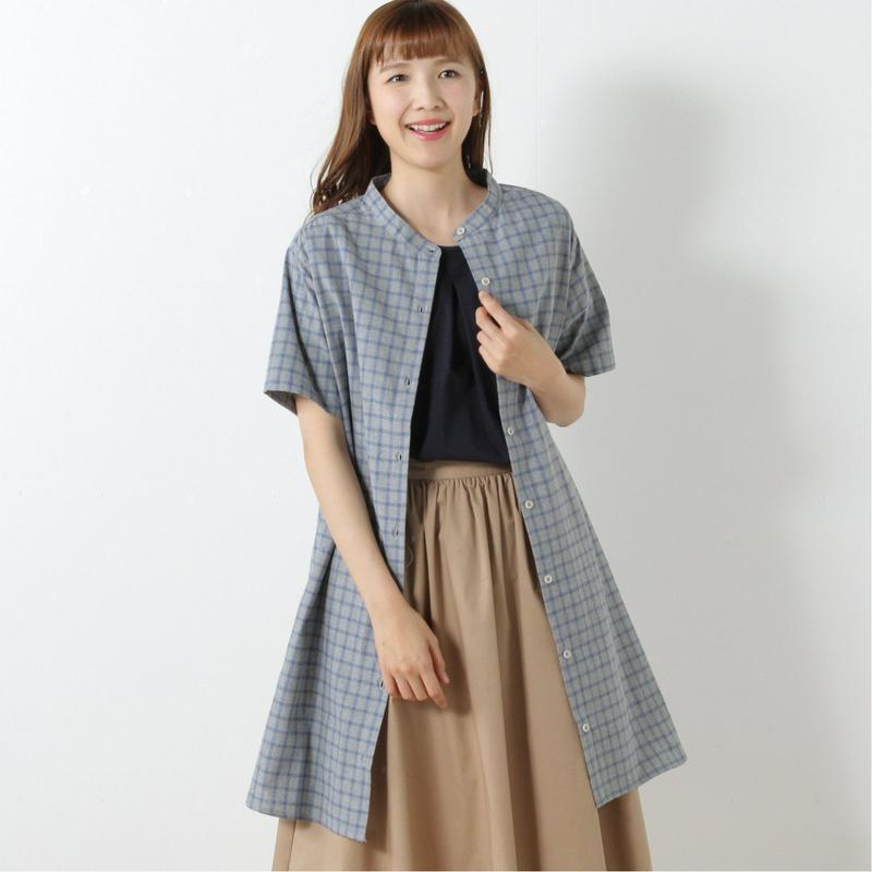 綿混素材のスタンドカラー半袖シャツワンピース【多色展開】