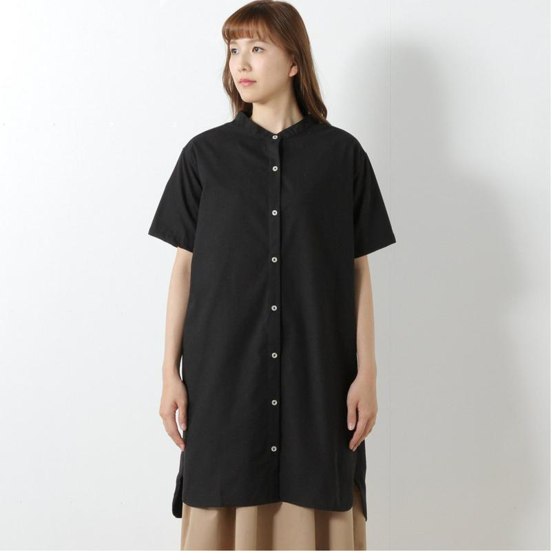 綿混素材のスタンドカラー半袖シャツワンピース【多色展開】