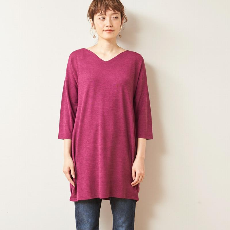 大人気シリーズ☆お尻の隠れる丈の７分袖Ｖネックタックチュニック【Ｍ～３Ｌ】