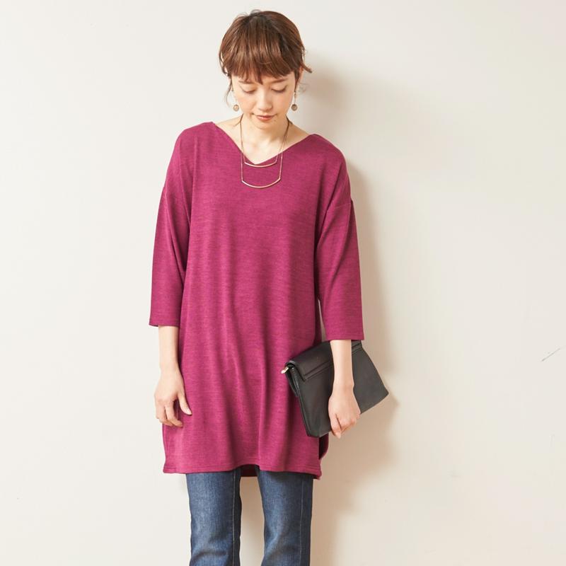 大人気シリーズ☆お尻の隠れる丈の７分袖Ｖネックタックチュニック【Ｍ～３Ｌ】