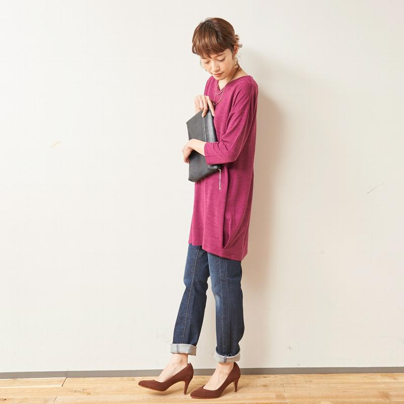 大人気シリーズ☆お尻の隠れる丈の７分袖Ｖネックタックチュニック【Ｍ～３Ｌ】