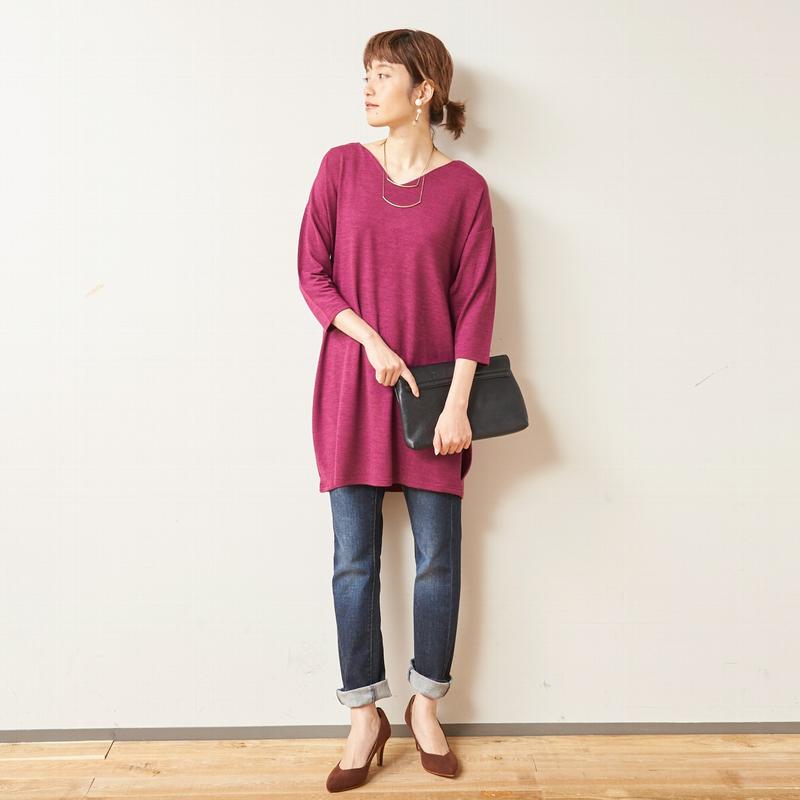 大人気シリーズ☆お尻の隠れる丈の７分袖Ｖネックタックチュニック【Ｍ～３Ｌ】
