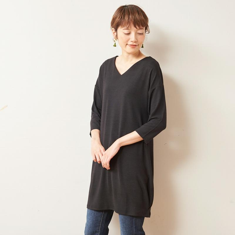 大人気シリーズ☆お尻の隠れる丈の７分袖Ｖネックタックチュニック【Ｍ～３Ｌ】