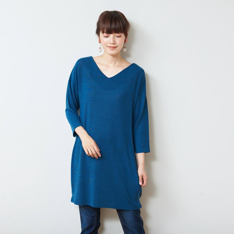 大人気シリーズ☆お尻の隠れる丈の７分袖Ｖネックタックチュニック【Ｍ～３Ｌ】