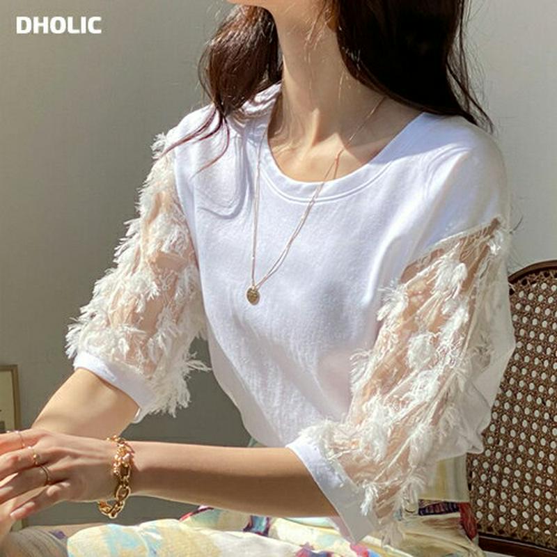フェザー調スリーブTシャツ・全3色・b55572 レディース 【tops】【トップス Tシャツ シースルー レース フリンジ ラ