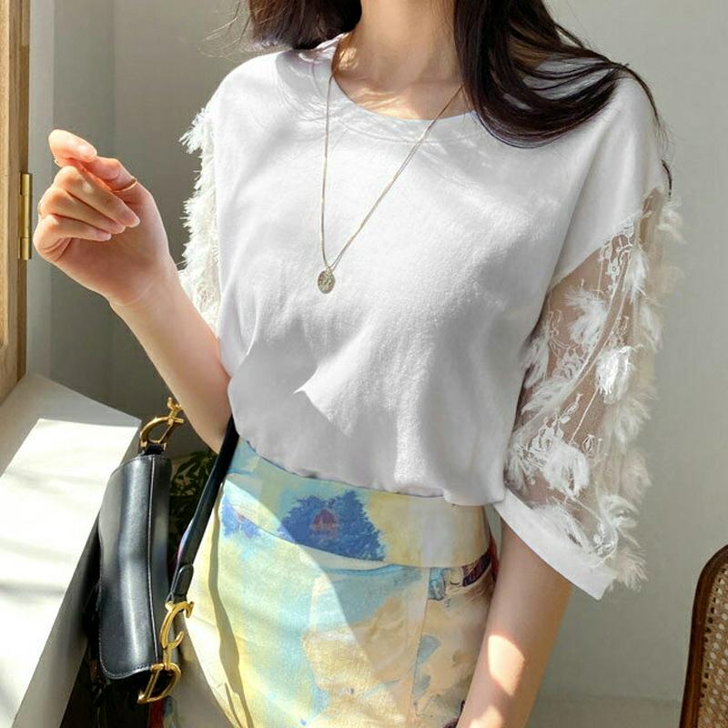 フェザー調スリーブTシャツ・全3色・b55572 レディース 【tops】【トップス Tシャツ シースルー レース フリンジ ラ