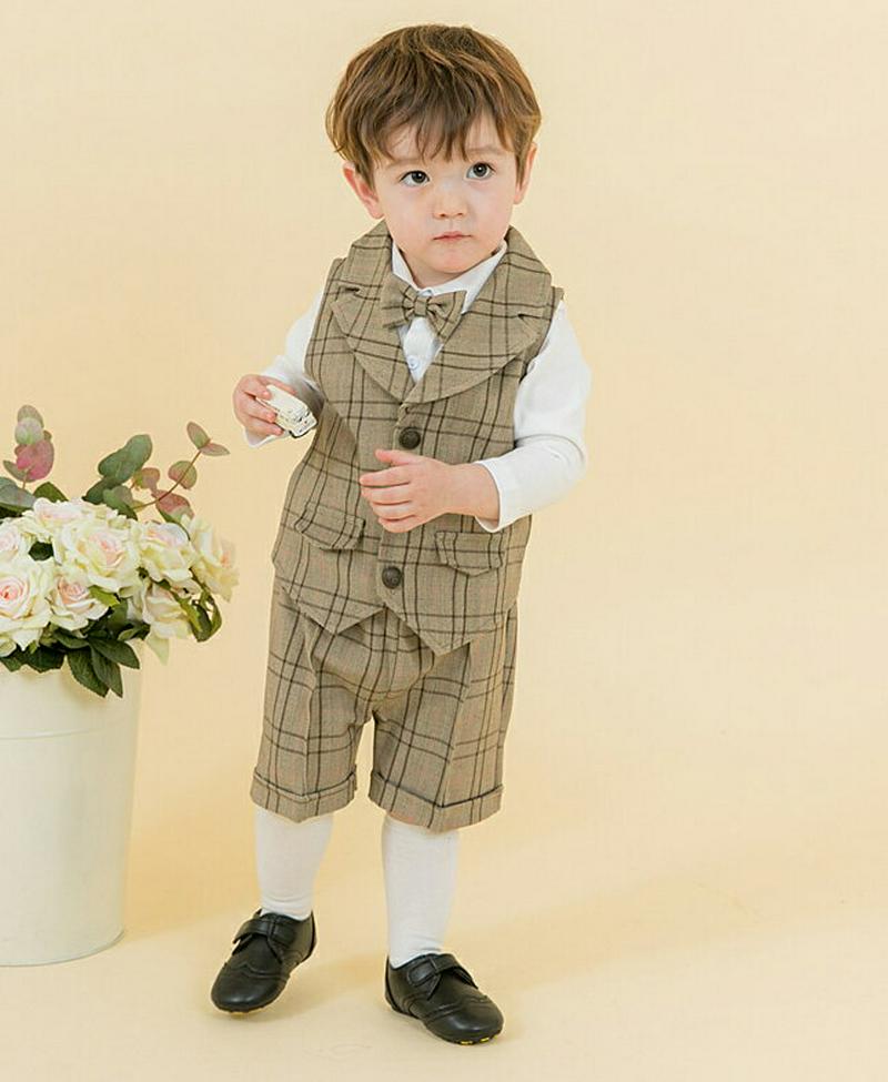 チェック柄3SET(ブラウン) p001282 キッズ 【0~2才】【SET】【韓国 ファッション セットアップ Tシャツ 長袖 ベスト パンツ ショート チェック スーツ スリーピース 子供 子供服 乳幼児 ベビー用 ベビー服 出産祝い プレゼント 春 夏】【KIDS】