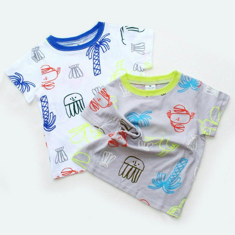 Sea Friends半袖Tシャツ・p000872 キッズ【3~8才】【tops】【トップス Tシャツ 半袖 ハーフスリーブ 総柄 カジュアル ラフ 手書き風 女の子 男の子 子供 こども 子供服 こども服】【KIDS】