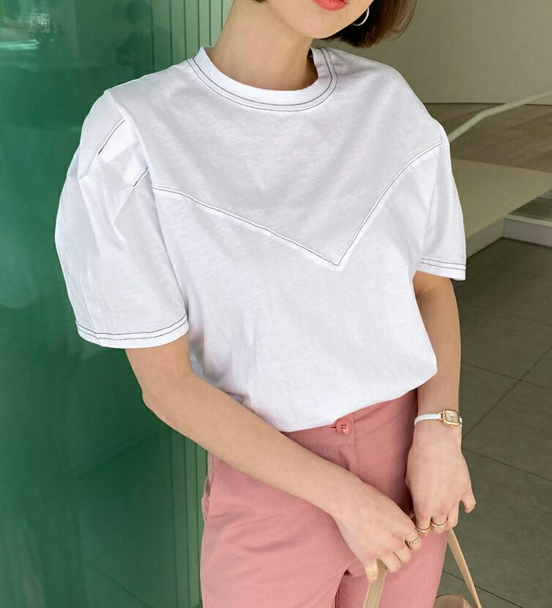ステッチパフTシャツ・全2色・b58851 レディース 【tops】【トップス Tシャツ 半袖 ハーフスリーブ ステッチ パフス
