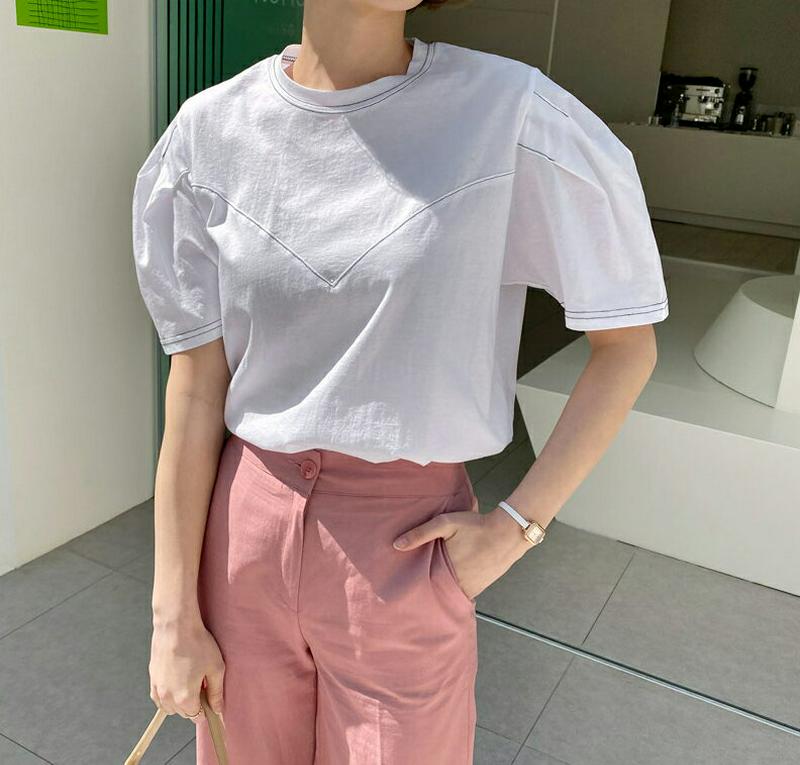 ステッチパフTシャツ・全2色・b58851 レディース 【tops】【トップス Tシャツ 半袖 ハーフスリーブ ステッチ パフス