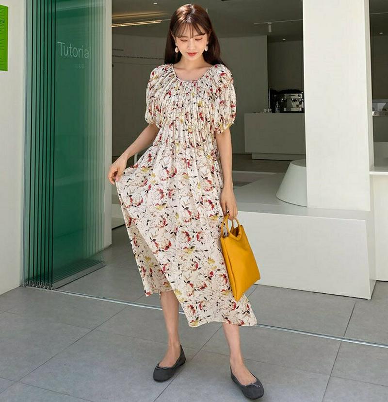 2WAYギャザー花柄ワンピース・全3色・t58870 レディース 【ops】【ワンピース ロング ロングワンピース 半袖 ハーフ