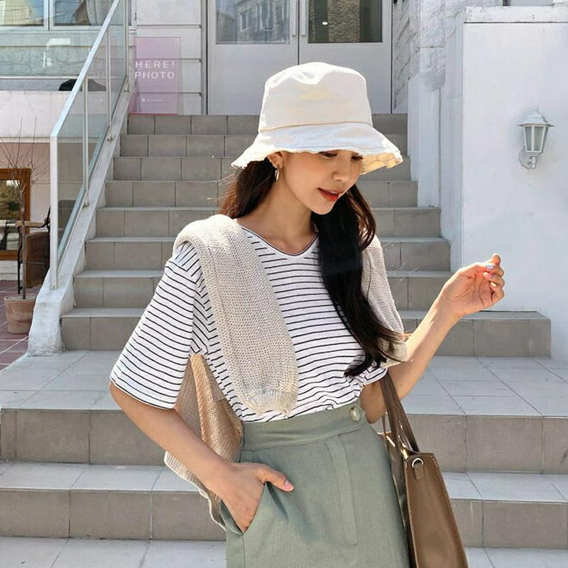 UネックボーダーTシャツ・全5色・b58850 レディース 【tops】【トップス Tシャツ 半袖 ハーフスリーブ ボーダー 柄