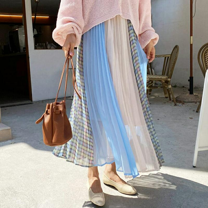 チェック配色プリーツスカート・全2色・t58875 レディース 【sk】【スカート ロングスカート ロング チェック柄 チェック