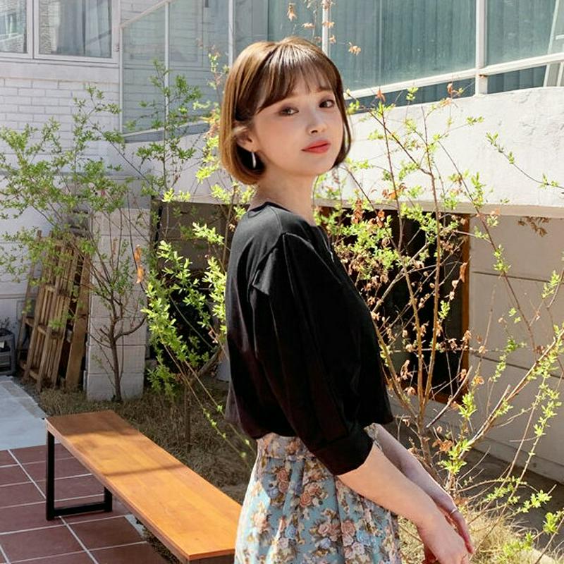 スクエアパフTシャツ・全4色・b58853 レディース 【tops】【トップス Tシャツ 七分丈 七分袖 7分袖 7分丈 スクエ