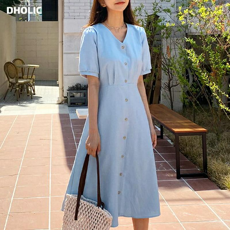 Vネックボタンワンピース・全4色・t58868 レディース 【ops】【ワンピース ミディ丈 ミディワンピース 半袖 ハーフスリ