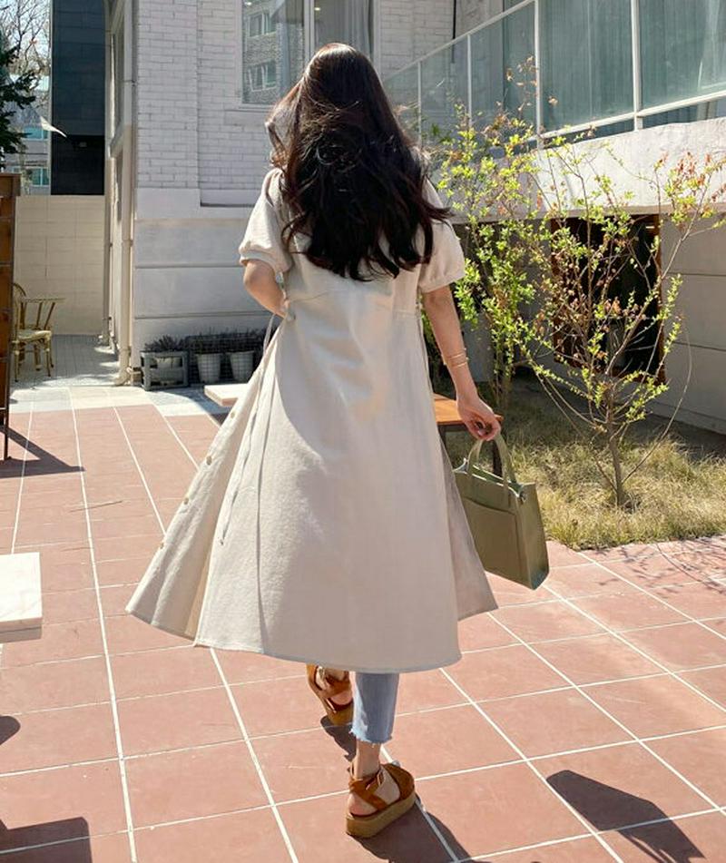 Vネックボタンワンピース・全4色・t58868 レディース 【ops】【ワンピース ミディ丈 ミディワンピース 半袖 ハーフスリ